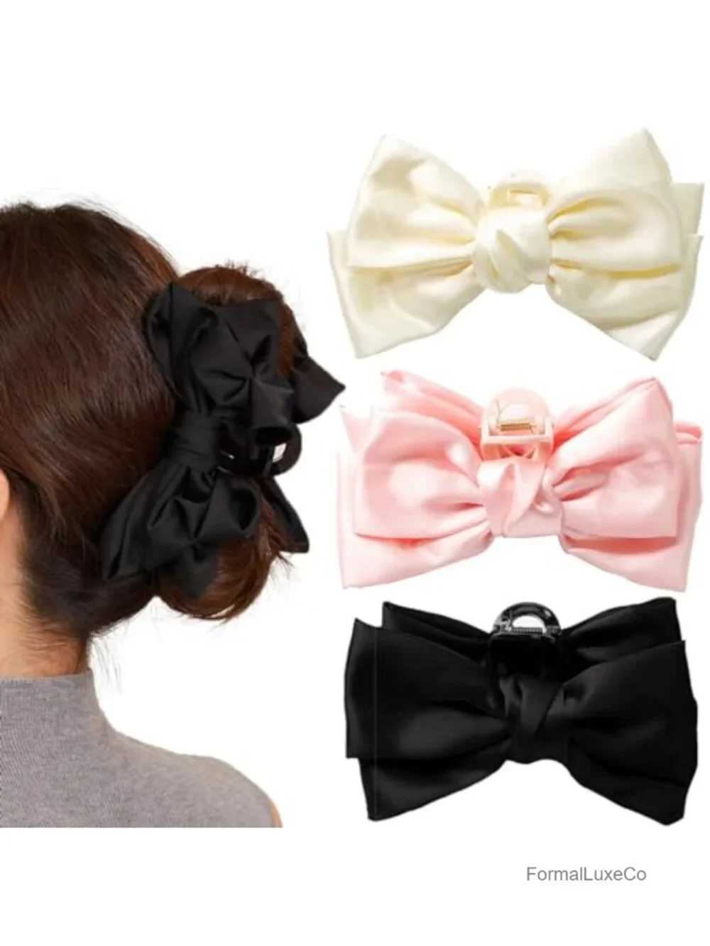 Satin Bow Hair Claw Clips 3 PCS Large 5.9